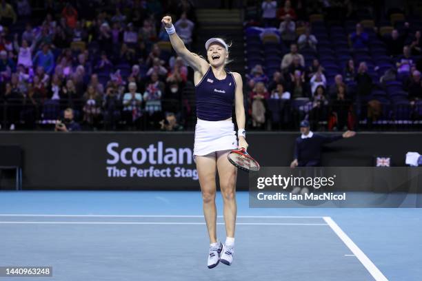 Harriet Dart of Team Great Britain celebrates winning the Semi-Final match between Team Australia and Team Great Britain at Emirates Arena on...