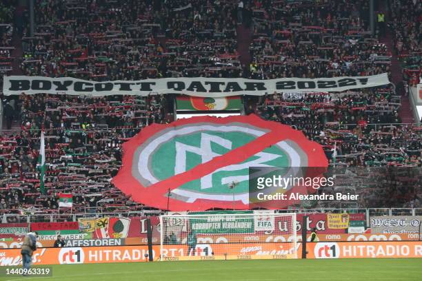 Picture shows a fan banner reading 'Boycot Qatar 2022!' before the Bundesliga match between FC Augsburg and VfL Bochum 1848 at WWK-Arena on November...
