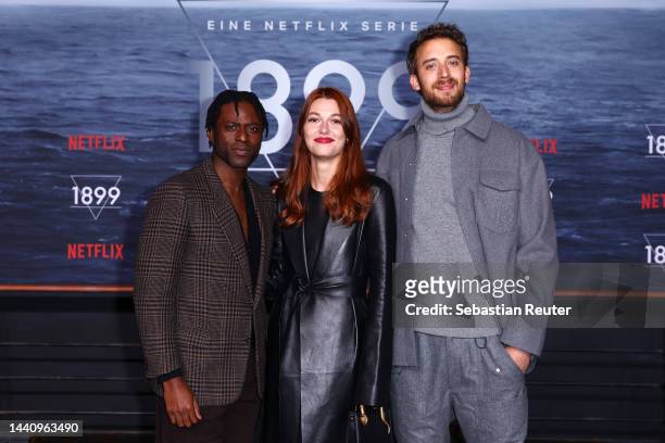 Yann Gael, Mathilde Ollivier and Jonas Bloquet attend the screening of the Netflix series "1899" at Funkhaus Berlin on November 10, 2022 in Berlin,...