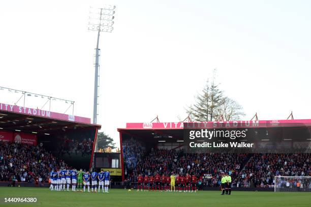 Players, staff and members of the British Armed Forces participate in a minute silence in honour of Armistice Day prior to the Premier League match...