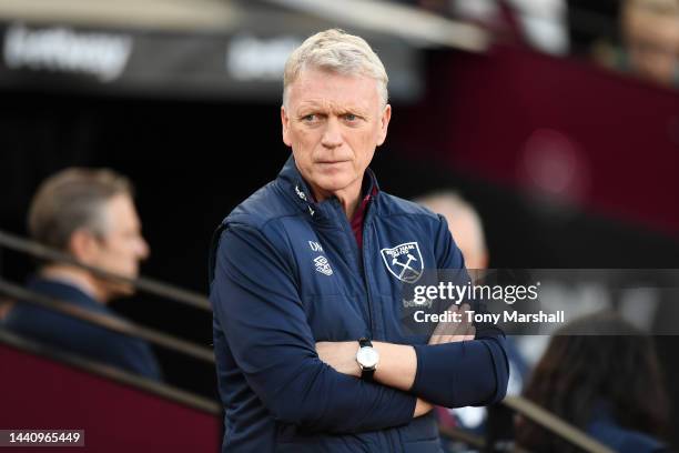 David Moyes, Manager of West Ham United looks on prior to the Premier League match between West Ham United and Leicester City at London Stadium on...