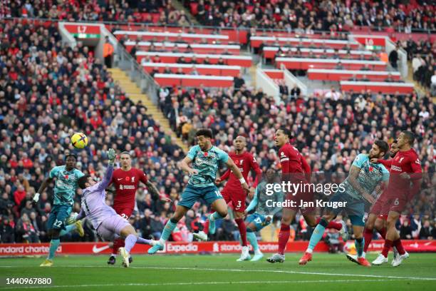 Che Adams of Southampton scores their team's first goal during the Premier League match between Liverpool FC and Southampton FC at Anfield on...