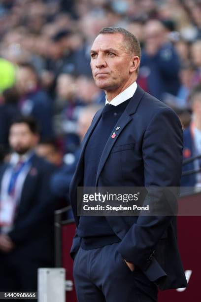 Brendan Rogers, Manager of Leicester City looks on during the Premier League match between West Ham United and Leicester City at London Stadium on...