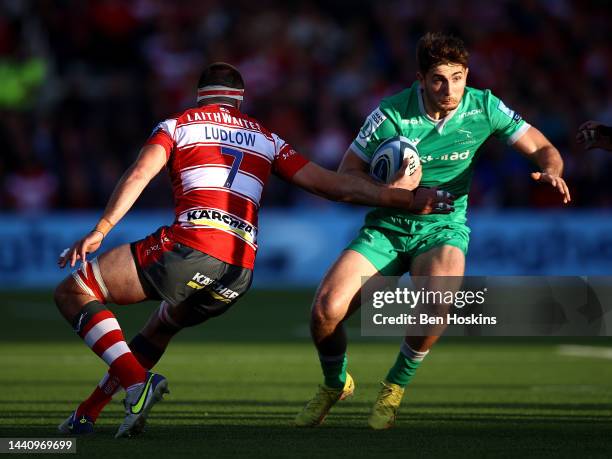 Ben Stevenson of Newcastle is tackled by Lewis Ludlow of Gloucester during the Gallagher Premiership Rugby match between Gloucester v Newcastle...