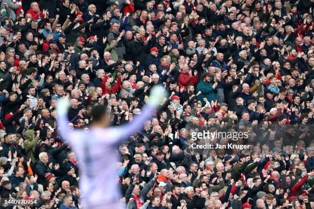 Liverpool fans celebrates after their sides first goal during the Premier League match between Liverpool FC and Southampton FC at Anfield on November...