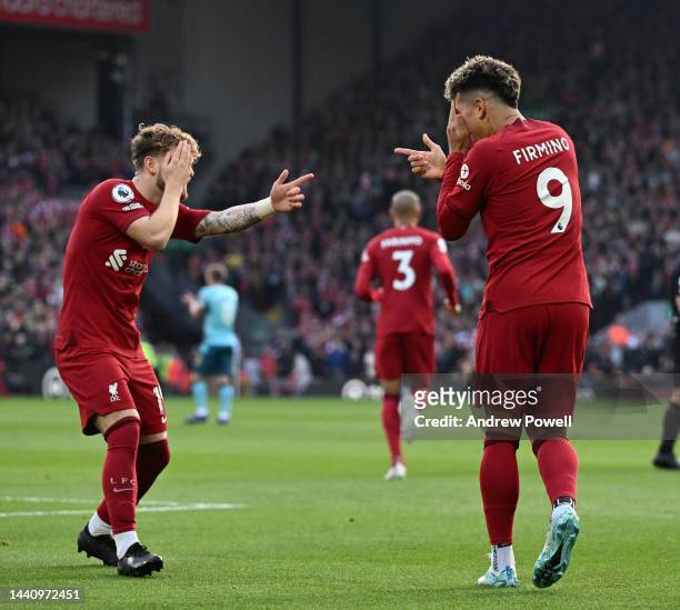 Roberto Firmino of Liverpool celebrates after scoring the first goal during the Premier League match between Liverpool FC and Southampton FC at...