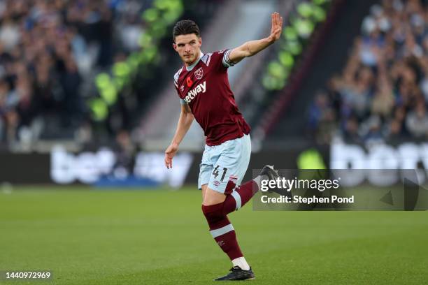 Declan Rice of West Ham United reacts during the Premier League match between West Ham United and Leicester City at London Stadium on November 12,...