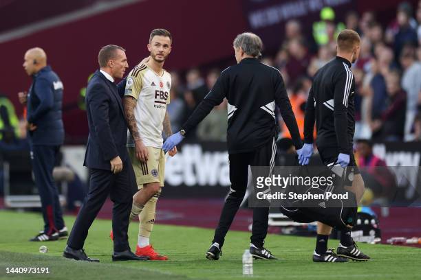 James Maddison of Leicester City leaves the pitch injured during the Premier League match between West Ham United and Leicester City at London...