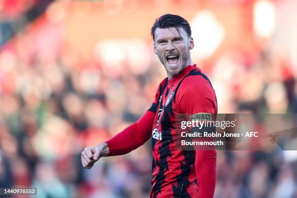 Kieffer Moore of Bournemouth celebrates after he scores a goal to make it 2-0 during the Premier League match between AFC Bournemouth and Everton FC...