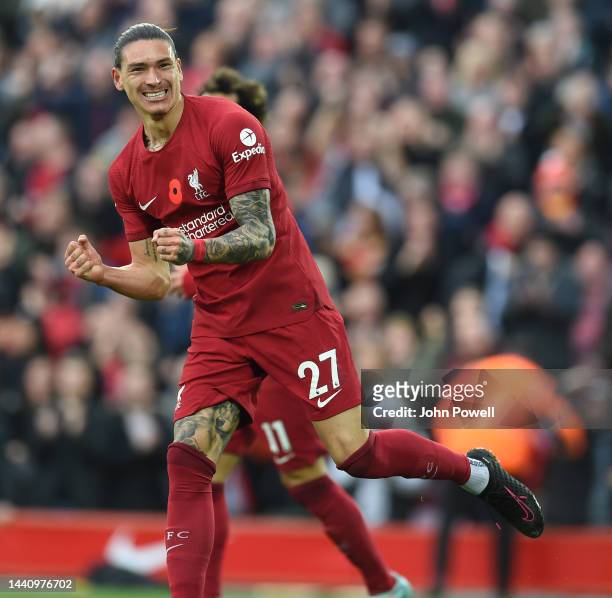Darwin Nunez of Liverpool celebrates after scoring the second goal 2-1 during the Premier League match between Liverpool FC and Southampton FC at...