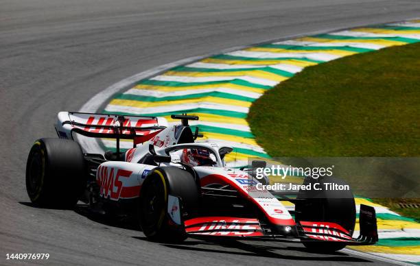 Kevin Magnussen of Denmark driving the Haas F1 VF-22 Ferrari on track during practice ahead of the F1 Grand Prix of Brazil at Autodromo Jose Carlos...