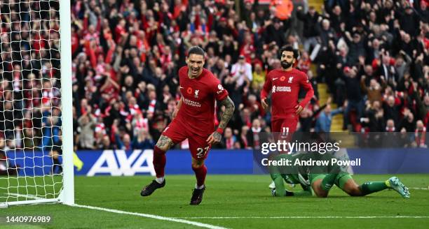 Darwin Nunez of Liverpool celebrates after scoring the second goal 2-1 during the Premier League match between Liverpool FC and Southampton FC at...