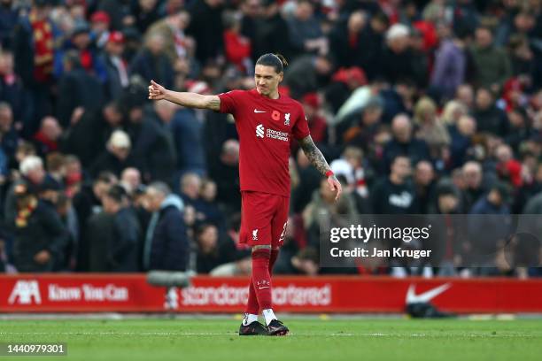 Darwin Nunez of Liverpool gives a thumbs up during the Premier League match between Liverpool FC and Southampton FC at Anfield on November 12, 2022...