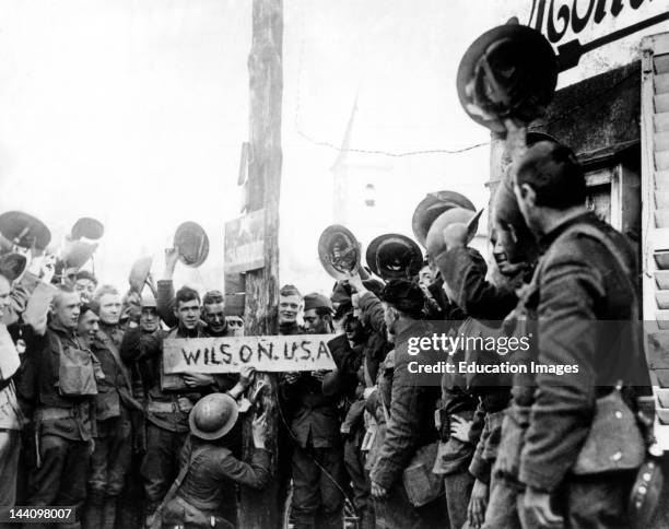 World War I, American Troops Celebrate A Paris Avenue Renamed For President Woodrow Wilson, September 13, 1918.