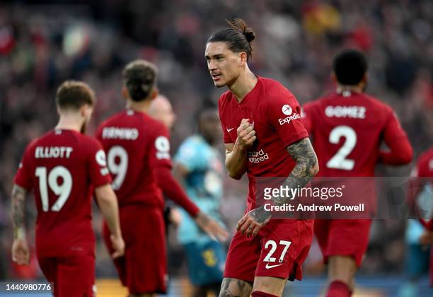 Darwin Nunez of Liverpool celebrates after scoring his second goal making the score 3-1 during the Premier League match between Liverpool FC and...
