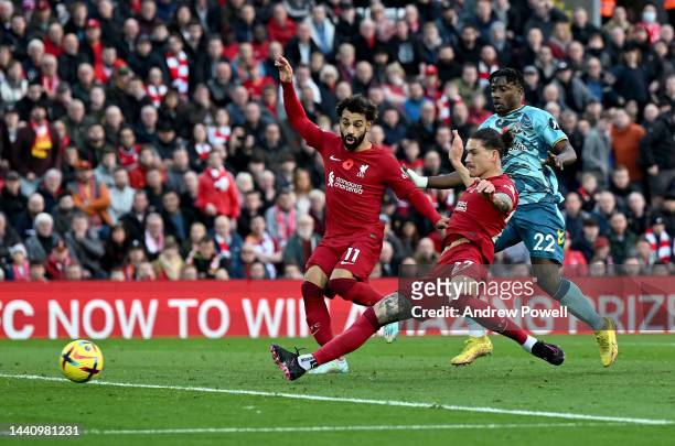 Darwin Nunez of Liverpool scoring his second goal making the score 3-1 during the Premier League match between Liverpool FC and Southampton FC at...