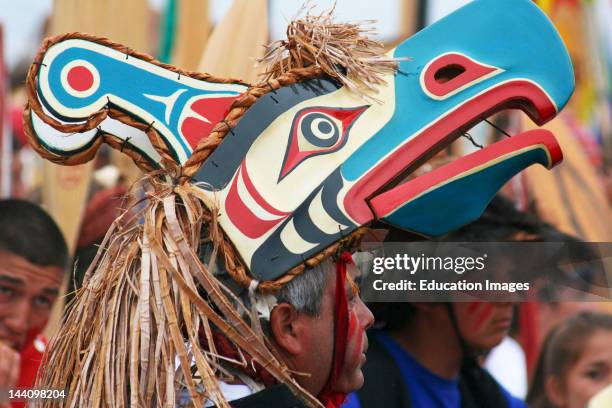 Arrival Of Canoes At Tribal Journeys Cowichan Bay, Man Wearing Headress, B,C,, Canada.