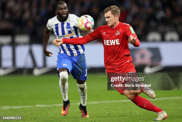 Wilfried Kanga of Hertha BSC competes for the ball with Luca Kilian of 1.FC Koln during the Bundesliga match between Hertha BSC and 1. FC Köln at...