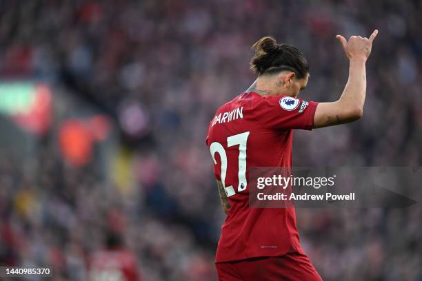 Darwin Nunez of Liverpool celebrates after scoring the third goal during the Premier League match between Liverpool FC and Southampton FC at Anfield...