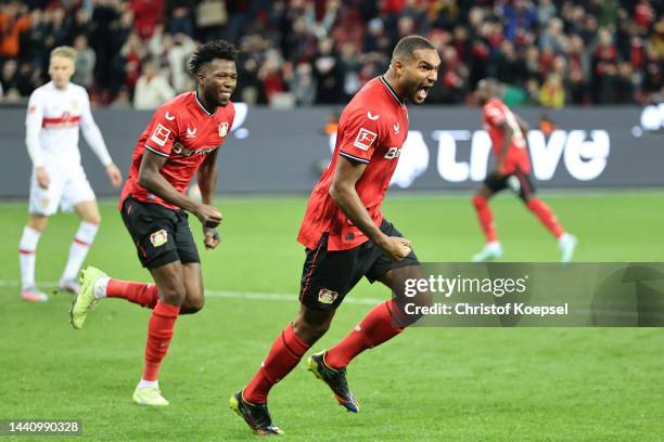 Jonathan Tah of Bayer 04 Leverkusen celebrates after scoring their second side goal during the Bundesliga match between Bayer 04 Leverkusen and VfB...