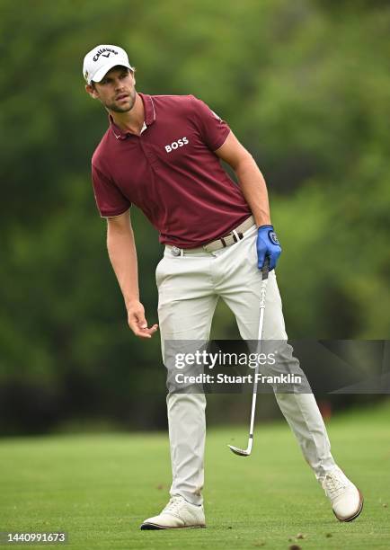 Thomas Detry of Belgium reacts to his approach shot on the sixth hole during the third round during Day Three of the Nedbank Golf Challenge at Gary...