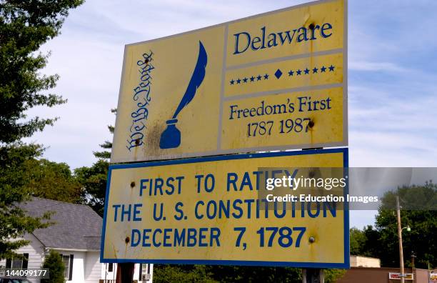 Welcome To Delaware Sign, First State In Us History And First To Ratify Us Constitution In 1787.