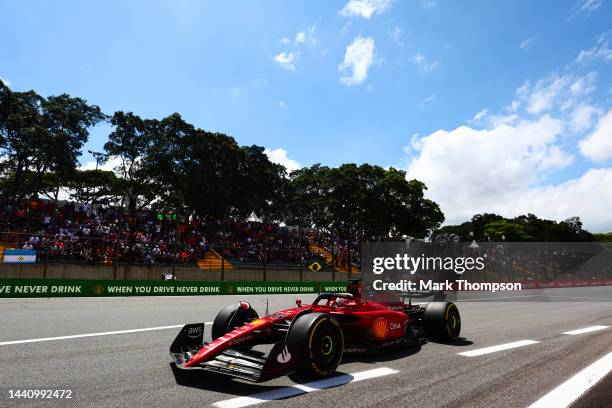 Charles Leclerc of Monaco driving the Ferrari F1-75 on track during practice ahead of the F1 Grand Prix of Brazil at Autodromo Jose Carlos Pace on...