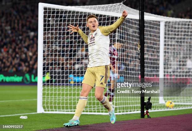 Harvey Barnes of Leicester City celebrates after scoring their second goal during the Premier League match between West Ham United and Leicester City...