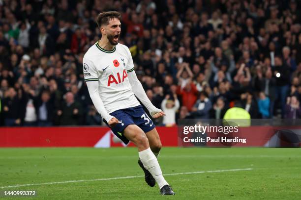 Rodrigo Bentancur of Tottenham Hotspur celebrates after scoring their team's third goal during the Premier League match between Tottenham Hotspur and...