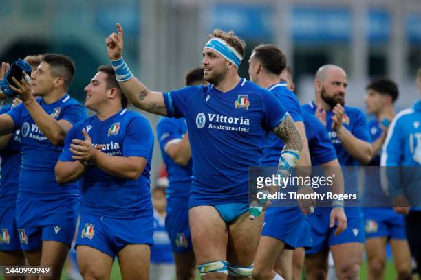 Niccolò Cannone of Italy during a lap of honour at the end of the Autumn International match between Italy and Australia at Stadio Artemio Franchi on...