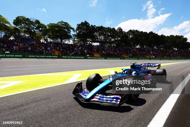 Esteban Ocon of France driving the Alpine F1 A522 Renault on track during practice ahead of the F1 Grand Prix of Brazil at Autodromo Jose Carlos Pace...