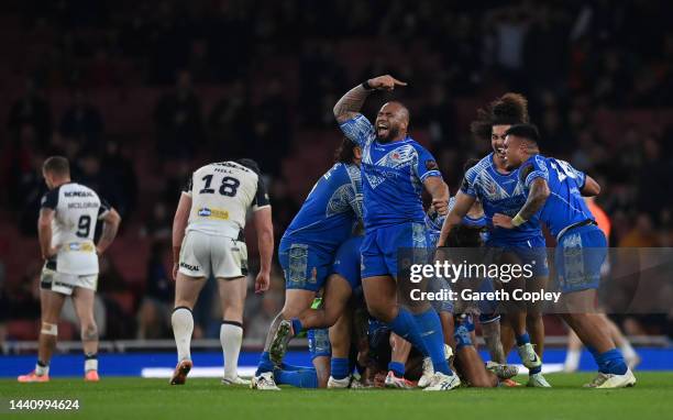 Samoa captain Junior Paulo celebrates after Stephen Crichton kicks the winning golden point drop goal to win the Rugby League World Cup Semi-Final...