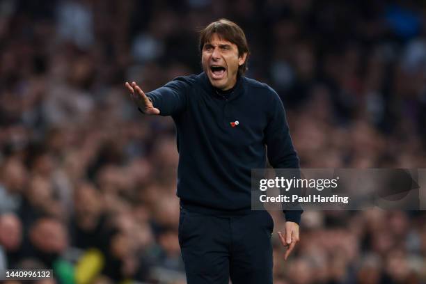 Antonio Conte, Manager of Tottenham Hotspur gives their team instructions during the Premier League match between Tottenham Hotspur and Leeds United...