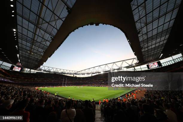 General view inside the stadium during the Rugby League World Cup Semi-Final match between England and Samoa at Emirates Stadium on November 12, 2022...