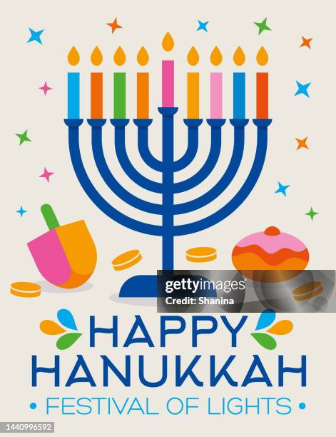 ilustraciones, imágenes clip art, dibujos animados e iconos de stock de hanukkah tarjeta de felicitación colorida - fondo blanco con estrellas- v2 - dreidel