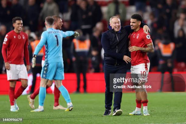 Steve Cooper, Manager of Nottingham Forest and Morgan Gibbs-White of Nottingham Forest celebrates after winning their Premier League match between...