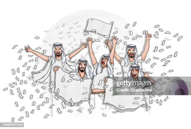 group of five arab soccer fan celebrating with white flag and confetti - qatari people stock illustrations