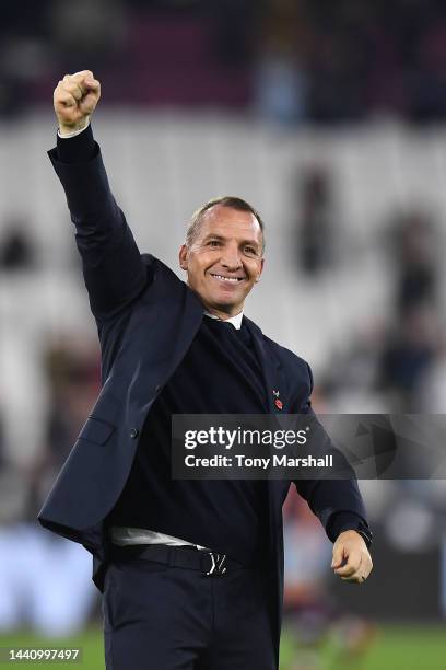 Brendan Rogers, Manager of Leicester City celebrates after winning their Premier League match between West Ham United and Leicester City at London...