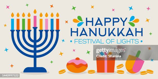 ilustraciones, imágenes clip art, dibujos animados e iconos de stock de hanukkah colorida tarjeta de felicitación - fondo blanco con estrellas - menorah