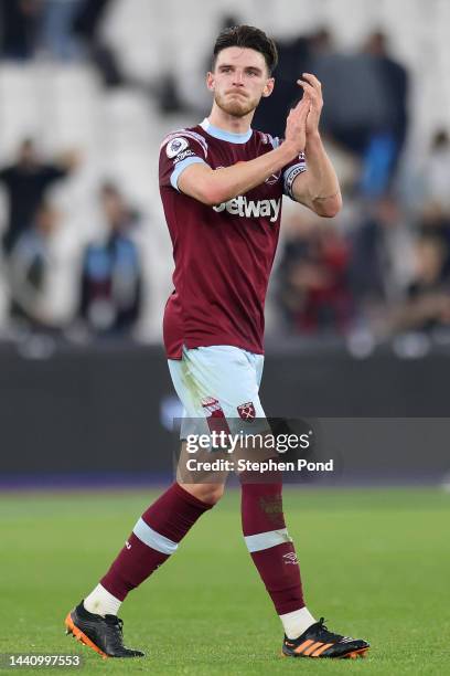 Declan Rice of West Ham United apologies to their fans after losing their Premier League match between West Ham United and Leicester City at London...