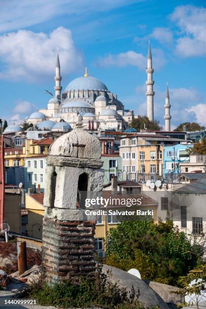 the suleymaniye mosque and chimney of the eirene watch tower - süleymaniye moskee stockfoto's en -beelden