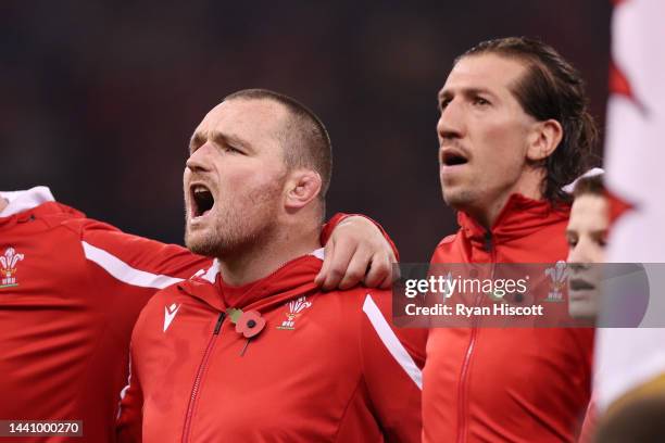 Ken Owens and Justin Tipuric of Wales sing their national anthem prior to the Autumn International match between Wales and Argentina at Principality...