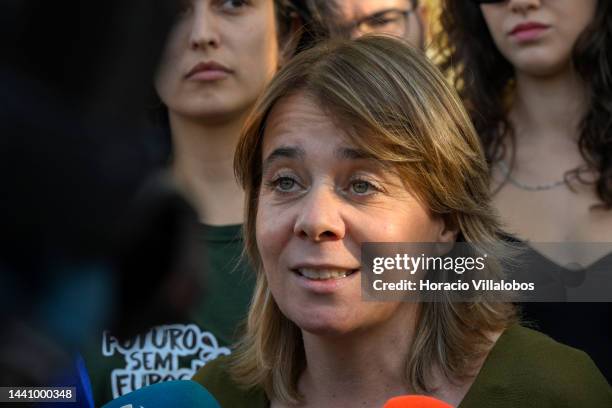 Portuguese Parliamentarian and coordinator of Bloco de Esquerda party Catarina Martins talks to journalists at the rally convened by the Coalition...