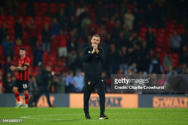 Bournemouth manager Gary O'Neil thanks the home fans for their support after the teams win during the Premier League match between AFC Bournemouth...