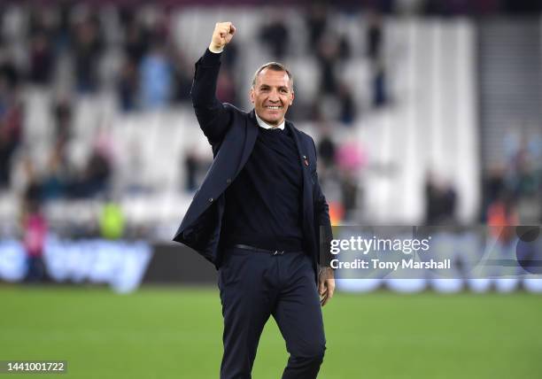 Leicester City Manager Brendan Rodgers salutes the fans after the final whistle during the Premier League match between West Ham United and Leicester...