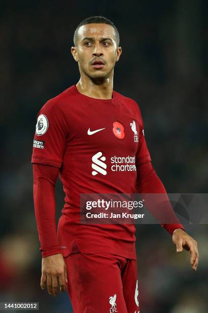 Thiago Alcantara of Liverpool in action during the Premier League match between Liverpool FC and Southampton FC at Anfield on November 12, 2022 in...