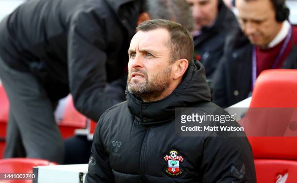 Southampton manager Nathan Jones during the Premier League match between Liverpool FC and Southampton FC at Anfield on November 12, 2022 in...