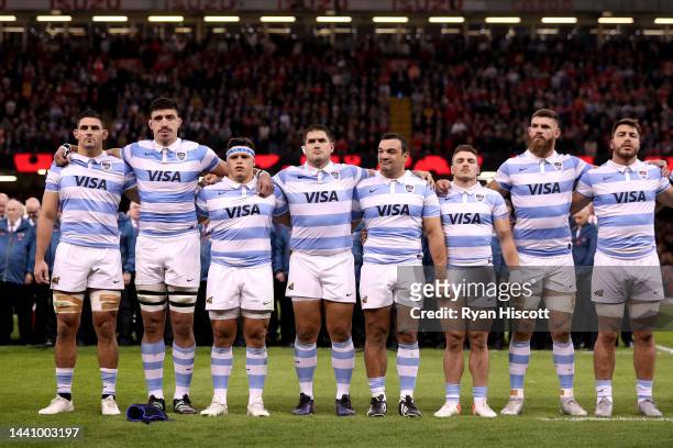 Argentina players observe a silence for Armistice Day prior to the Autumn International match between Wales and Argentina at Principality Stadium on...