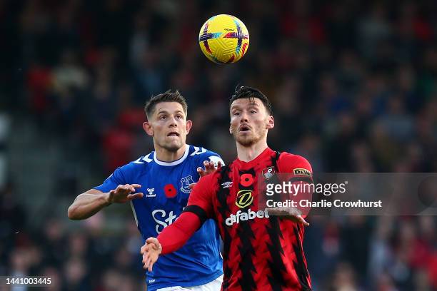 Kieffer Moore of Bournemouth holds off the tackle from Everton's James Tarkowski during the Premier League match between AFC Bournemouth and Everton...