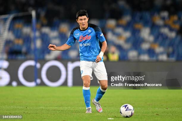 Min-jae Kim of SSC Napoli during the Serie A match between SSC Napoli and Empoli FC at Stadio Diego Armando Maradona on November 08, 2022 in Naples,...